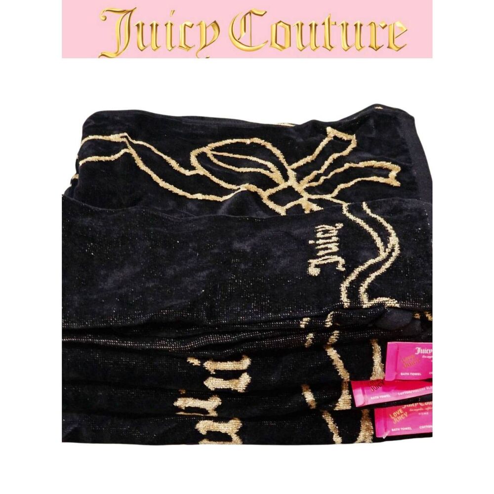 Juicy Couture Home Signature Logo Bow Oversized Plush Bath & Hand Towel Set- Bla